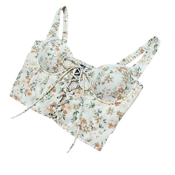 Windsor Ivory & Light Orange Floral Lace up Bustier Crop Top w Smocking S - Picture 2 of 8